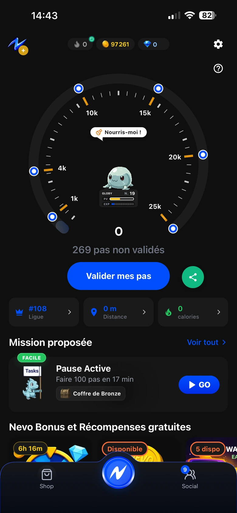 Accueil NevoMove : compteur de pas, missions et progression du Nevomon