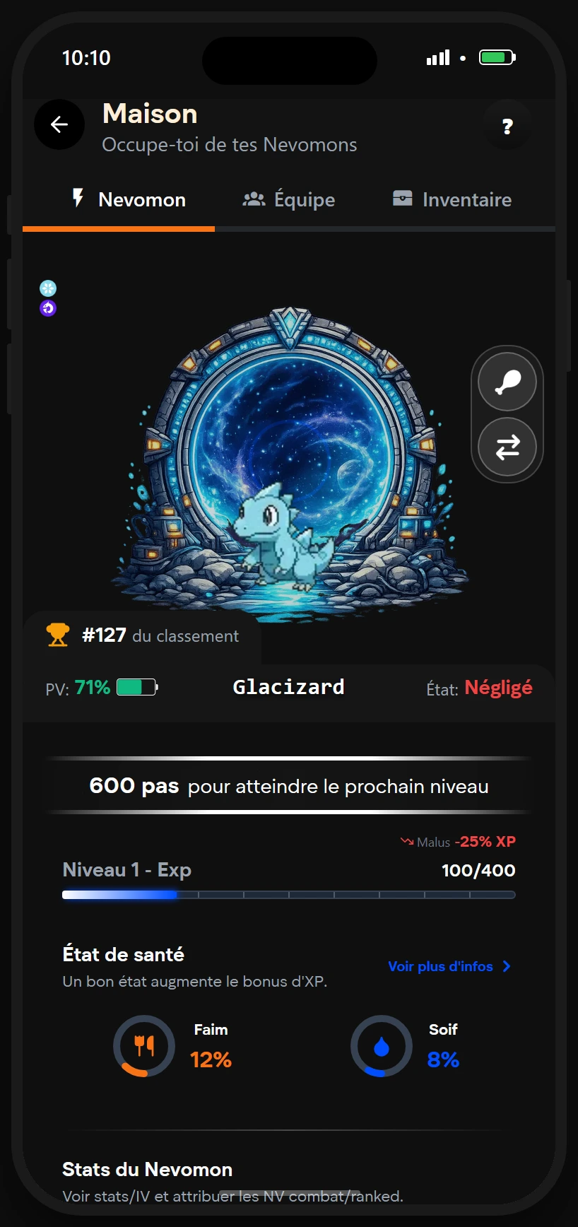 Maison du Nevomon avec état, niveau et statistiques