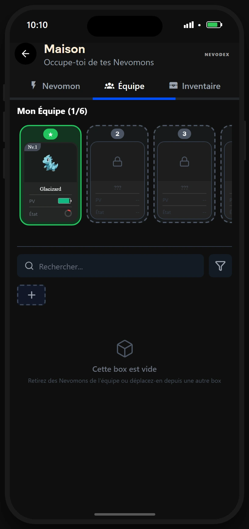 Équipe de Nevomons, composition active et emplacements à débloquer