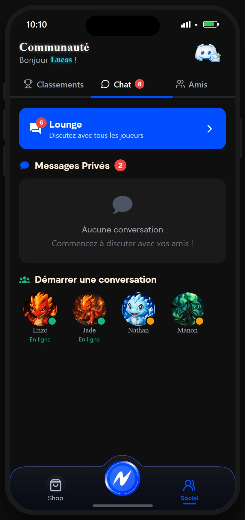 Espace communautaire avec lounge, messages privés et amis