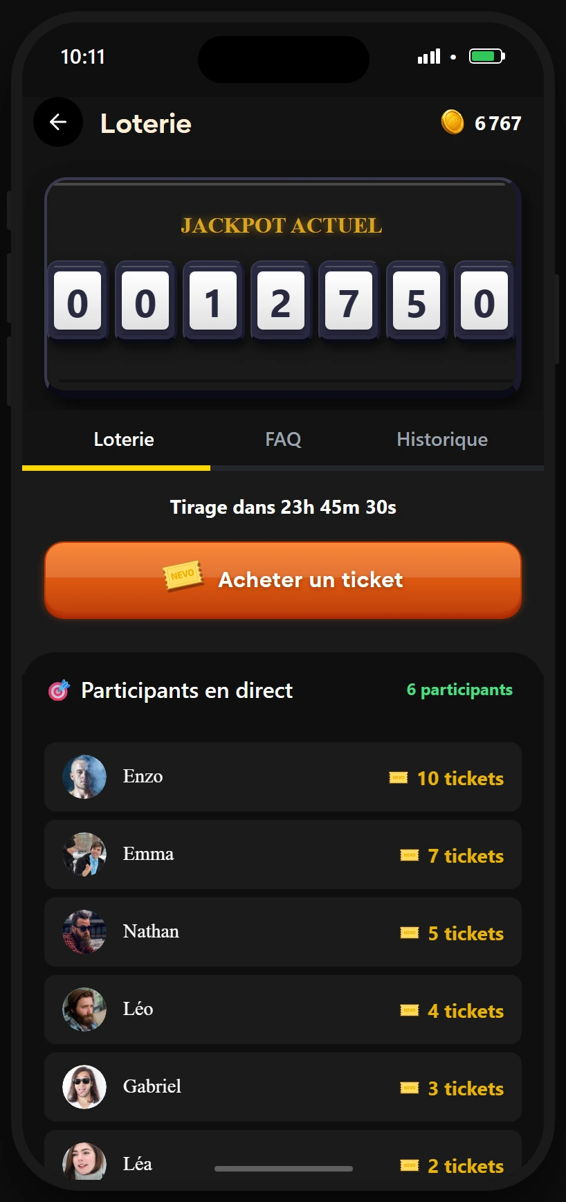 Loterie quotidienne avec jackpot, tickets et participants