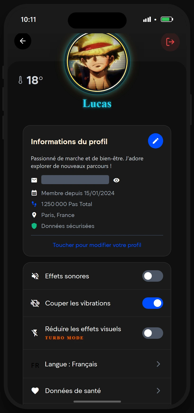 Profil joueur, statistiques de marche, confidentialité et réglages