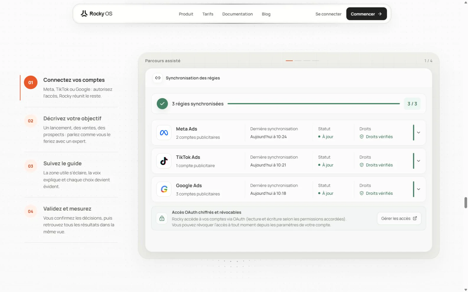 Connexion guidée aux comptes Meta Ads, TikTok Ads et Google Ads