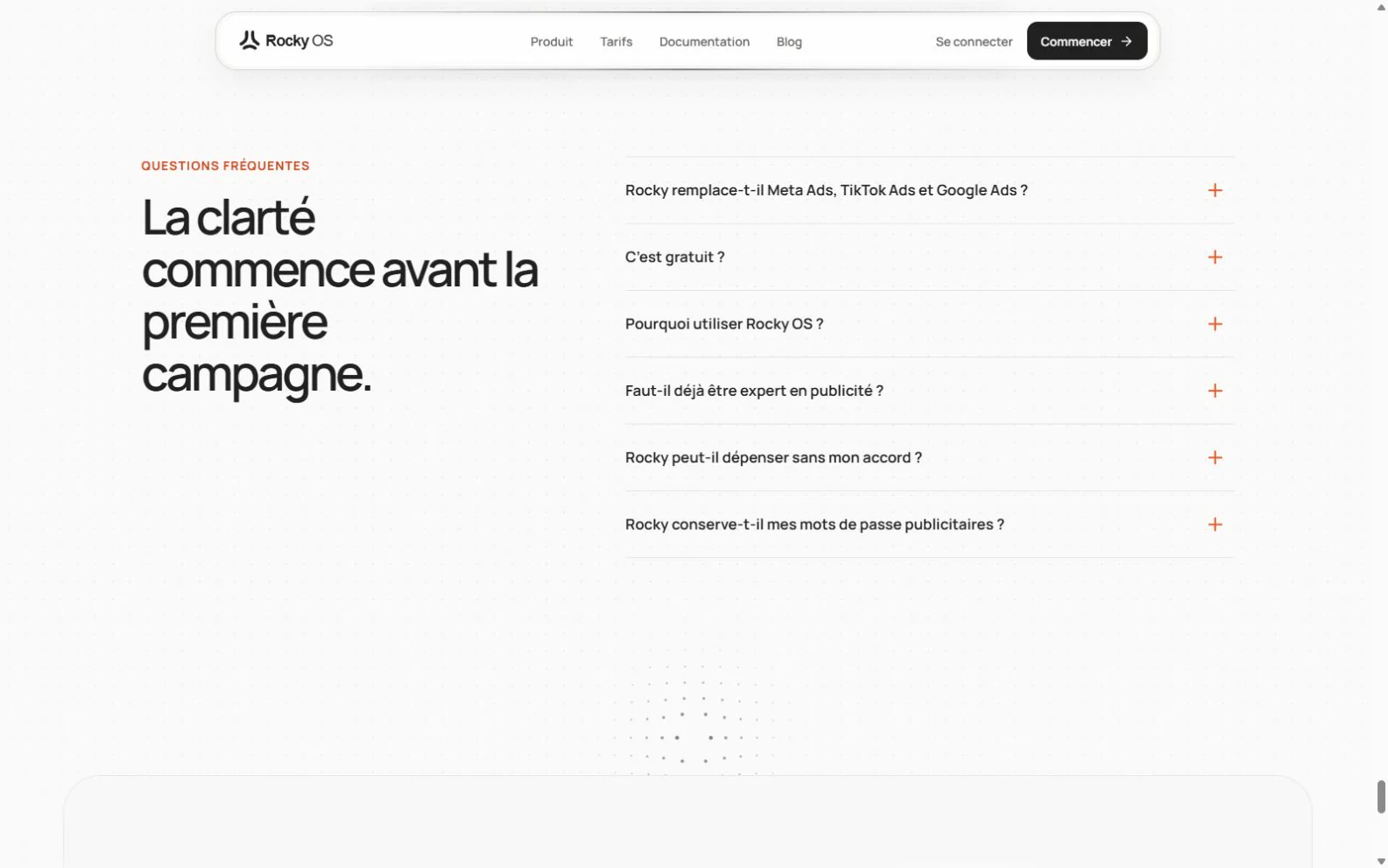FAQ du site vitrine Rocky OS