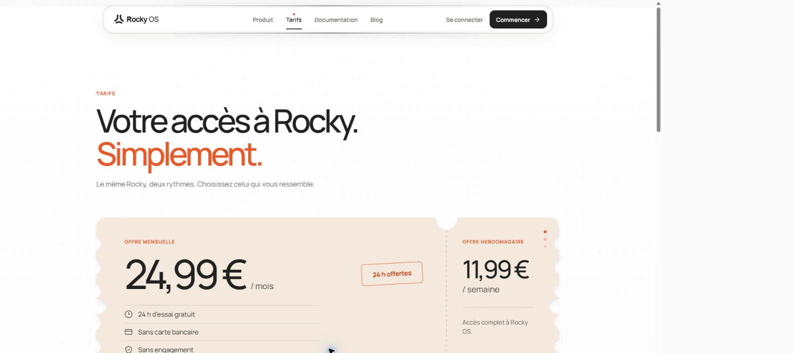 Page Tarifs : accès à Rocky OS présenté simplement