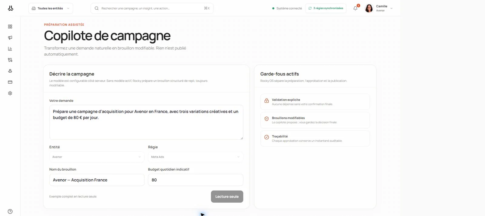 Copilote publicitaire pour préparer et optimiser une campagne