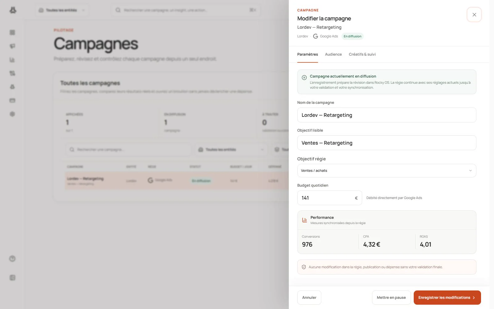 Modification d’une campagne : paramètres et changements à relire avant validation.