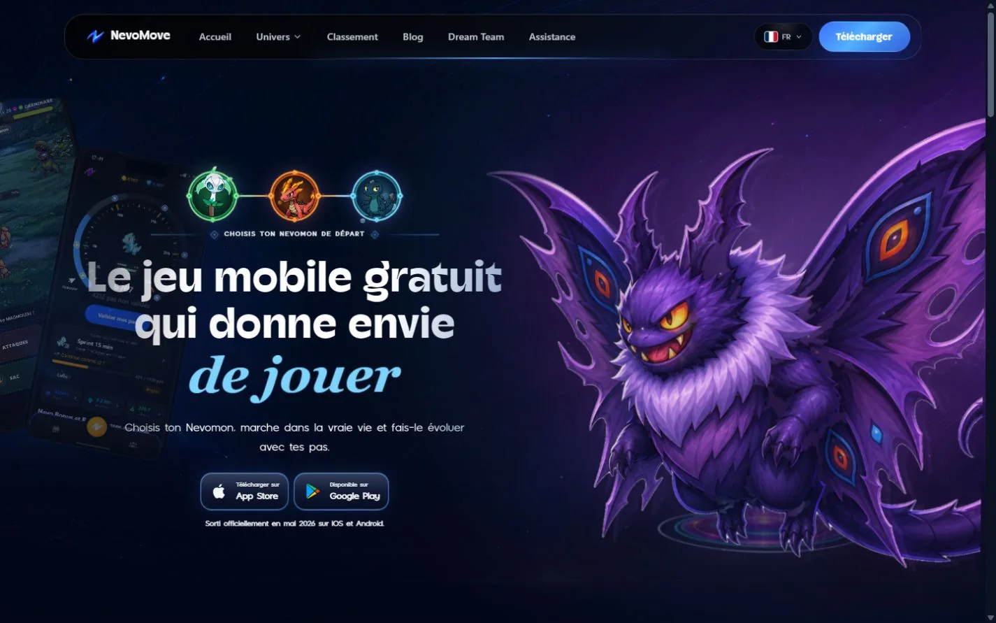 Accueil : jeu mobile de marche, Nevomon de départ et accès aux stores