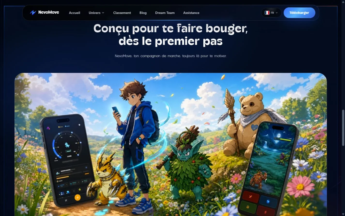 Concept du jeu : marche réelle, créatures et interfaces mobiles illustrées
