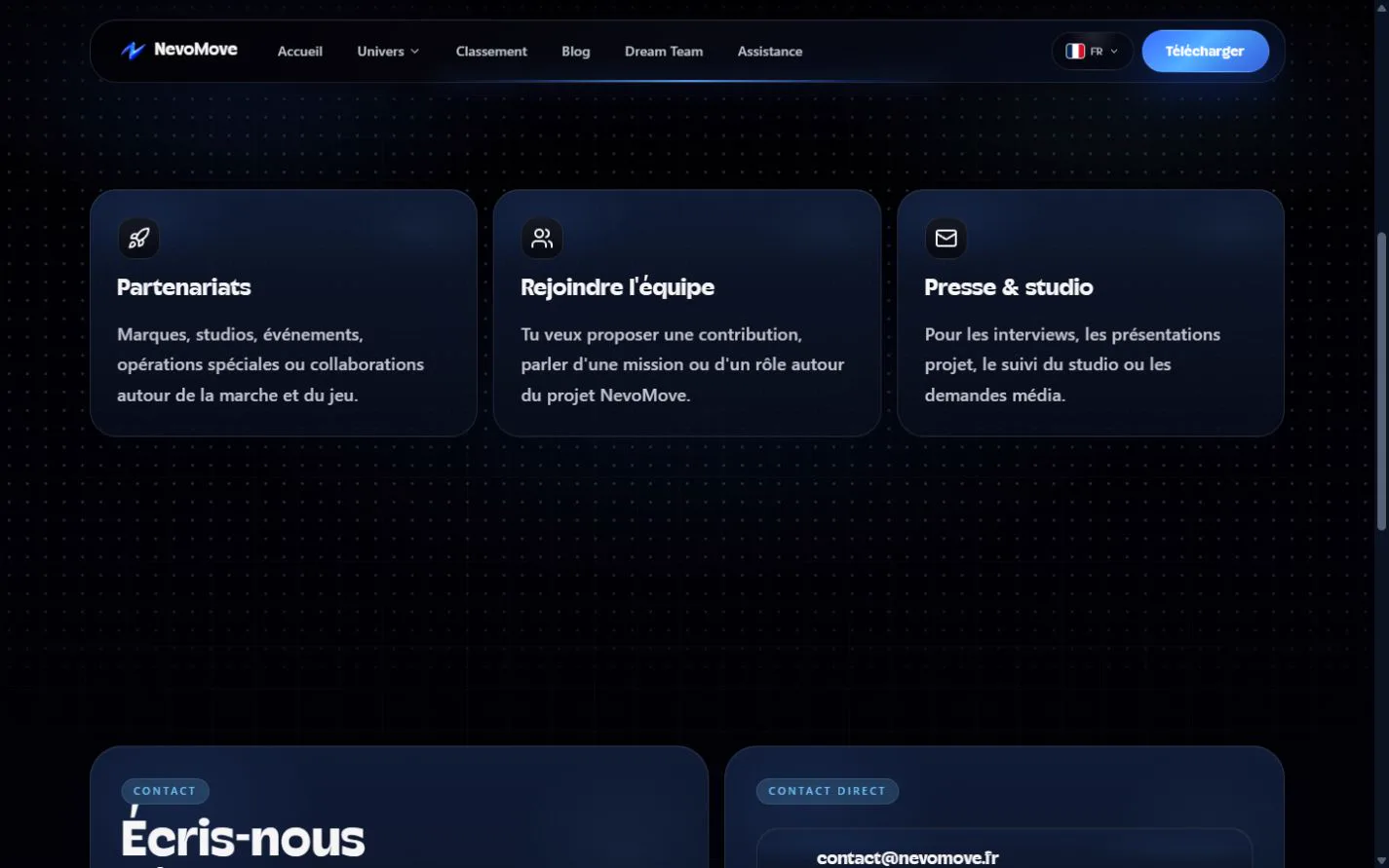 Espaces partenariats, recrutement, presse et prise de contact