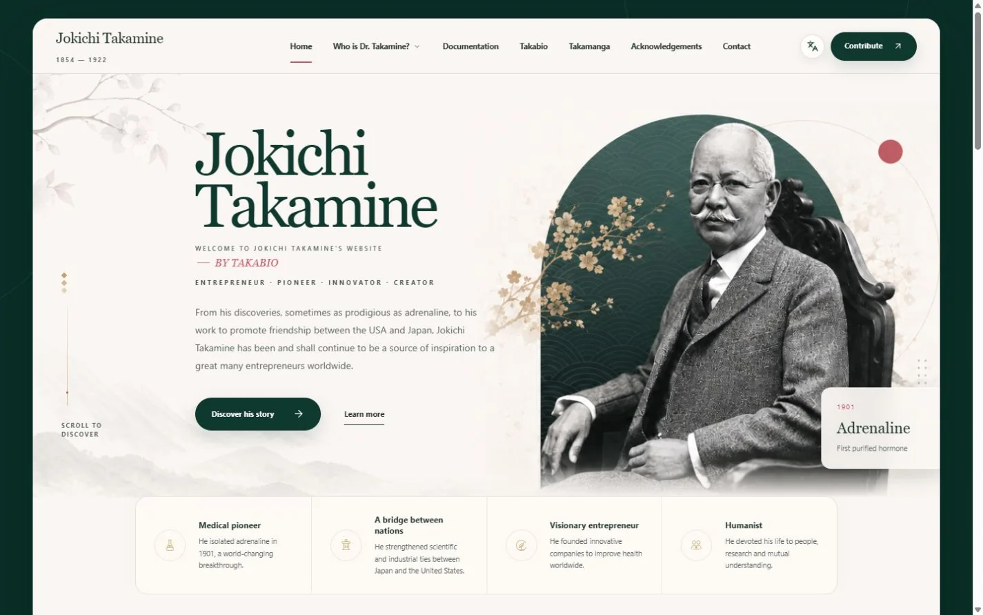 Accueil : portrait de Jokichi Takamine, héritage scientifique et découverte de l’adrénaline