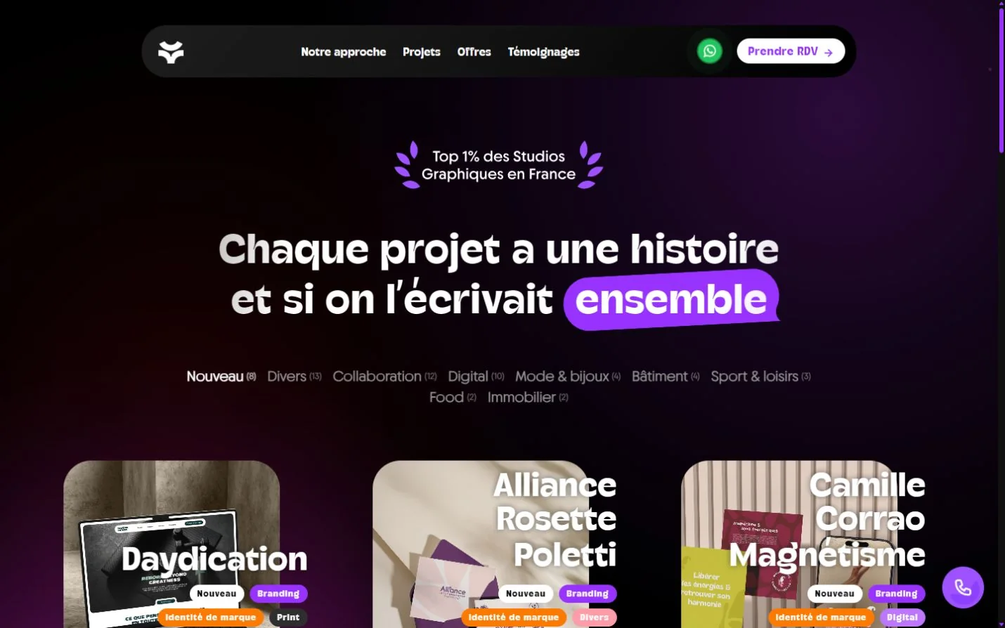 Portfolio filtrable : projets récents en branding, print et webdesign