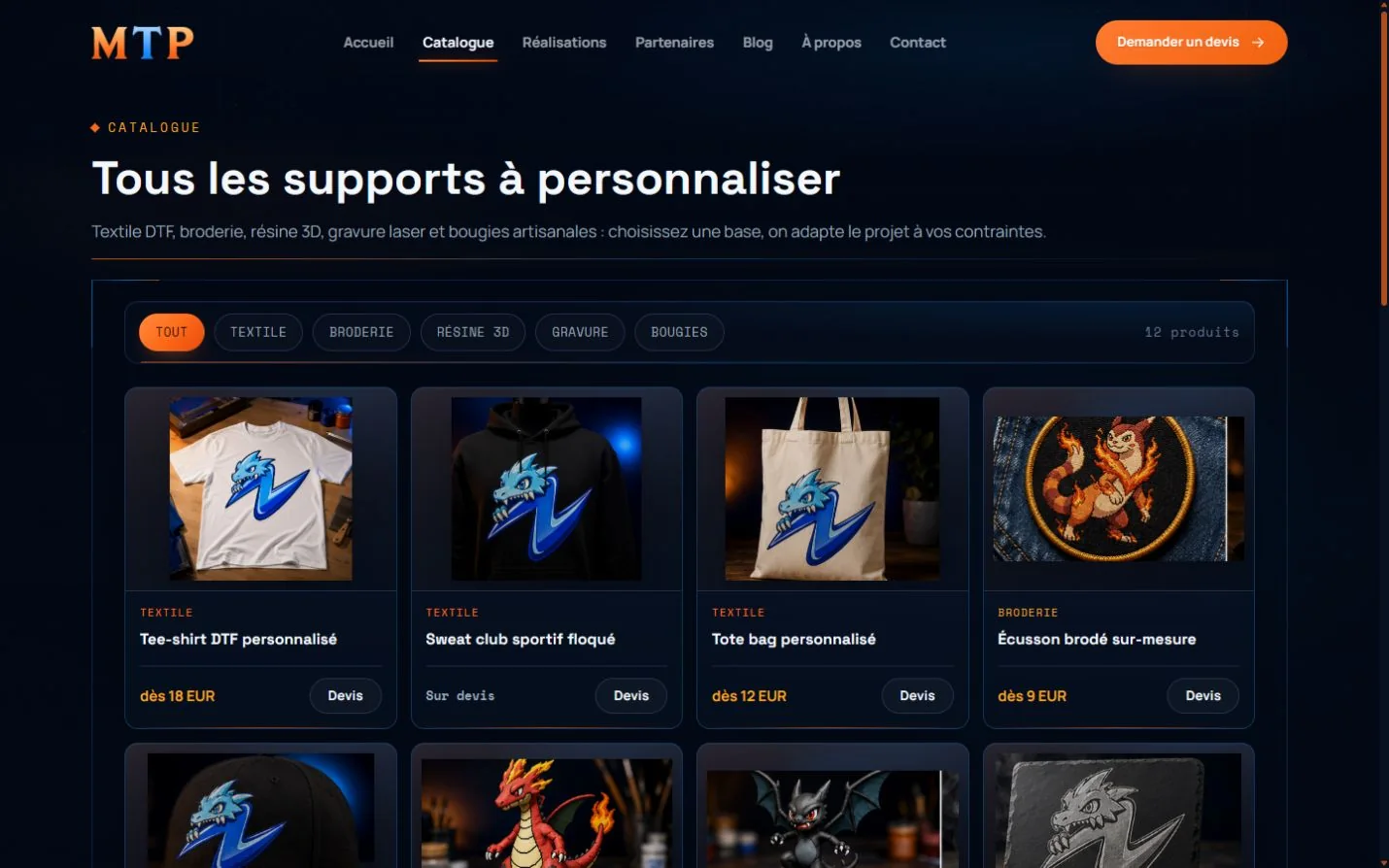 Catalogue de supports personnalisables : textile, broderie, résine, gravure et bougies