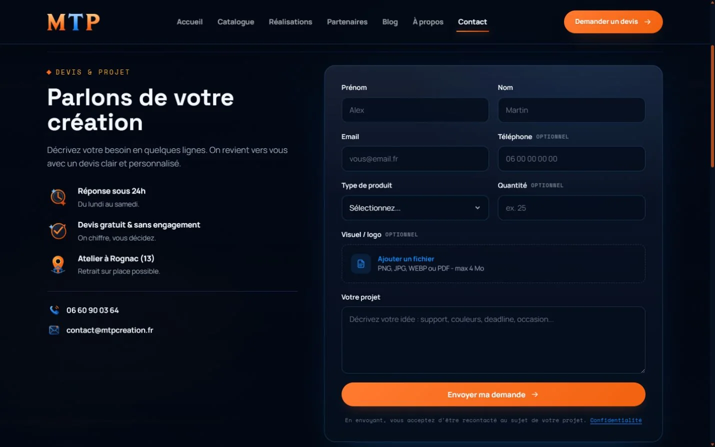 Formulaire de devis avec type de produit, quantité et dépôt de visuel