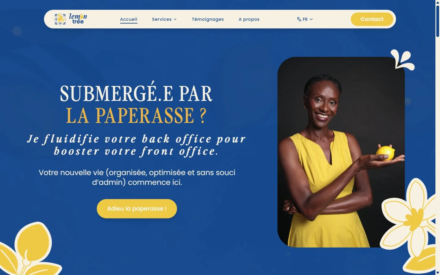 Accueil : assistance administrative avec portrait d’Aminata et appel à dire adieu à la paperasse
