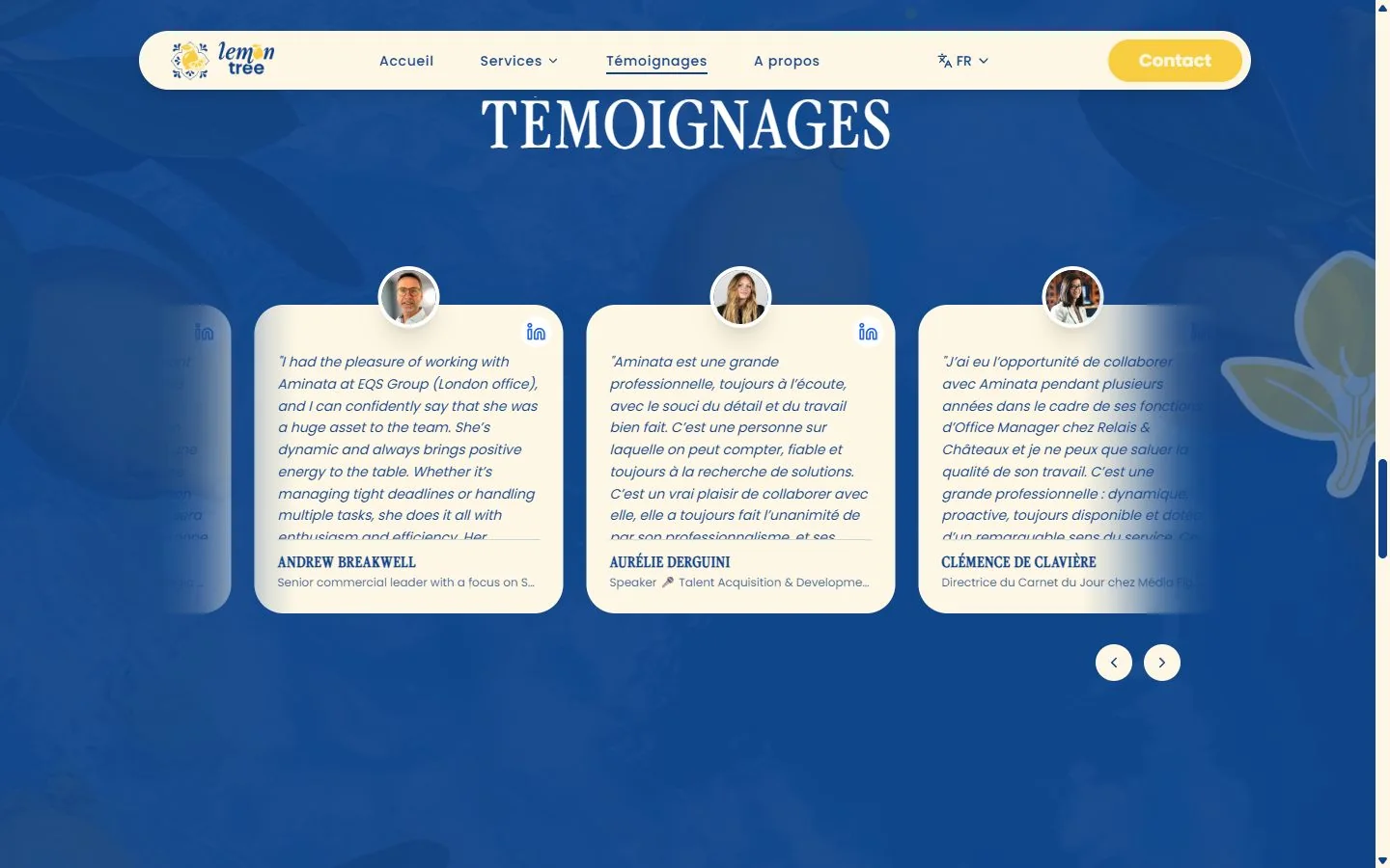 Témoignages clients avec portraits et avis LinkedIn