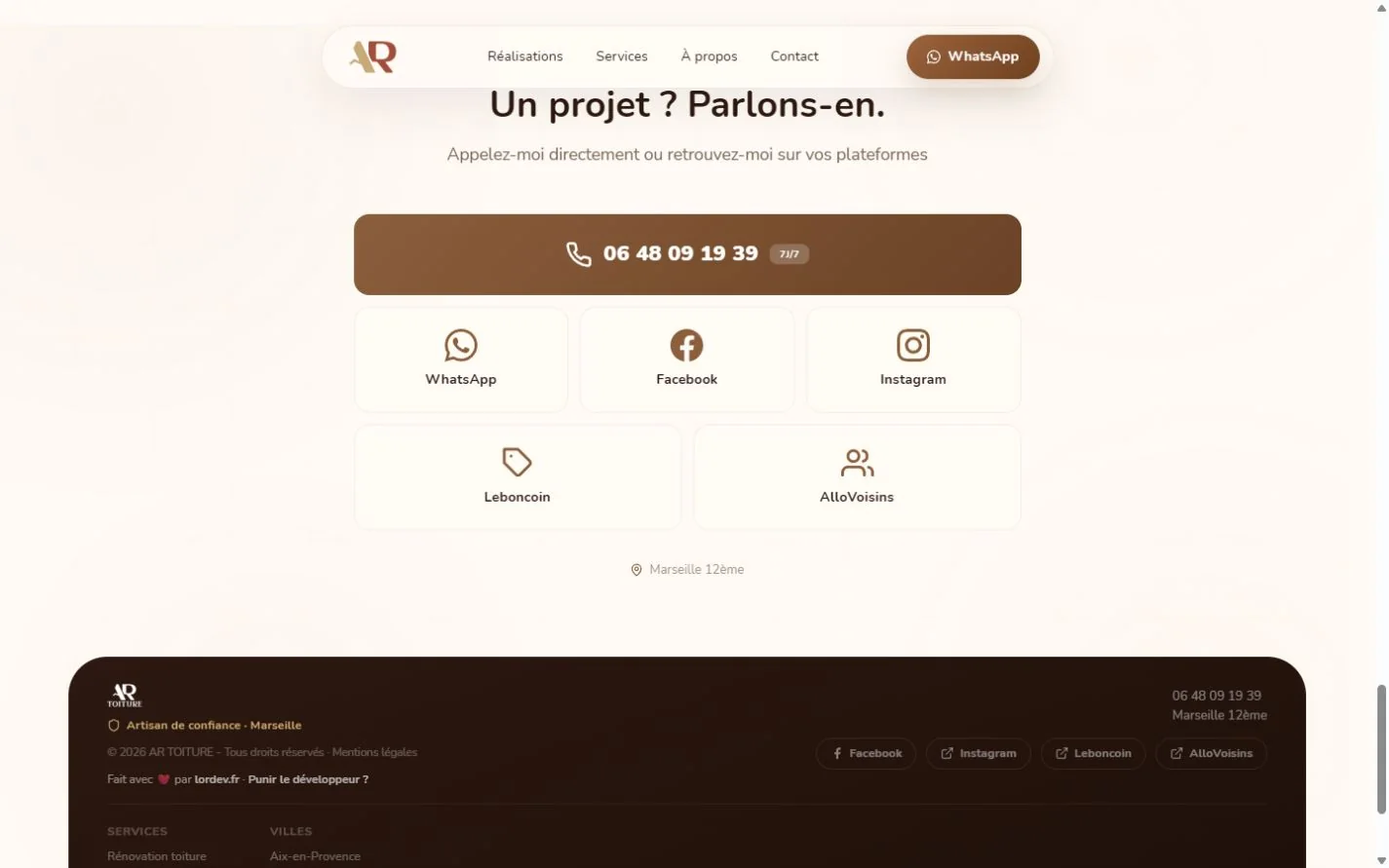 Contact direct, réseaux professionnels et pied de page