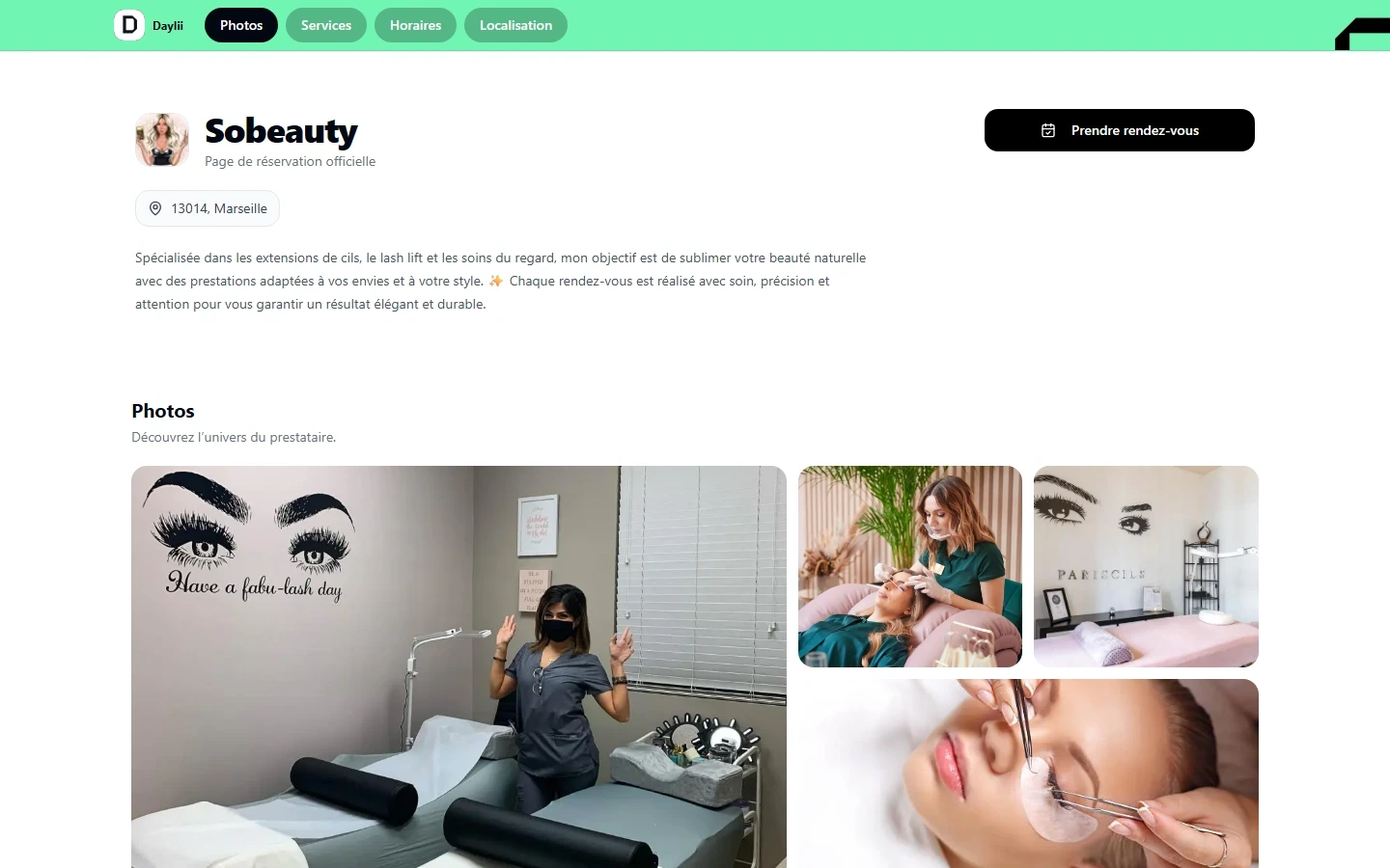 Page publique Sobeauty : présentation, photos et catalogue de prestations réservables