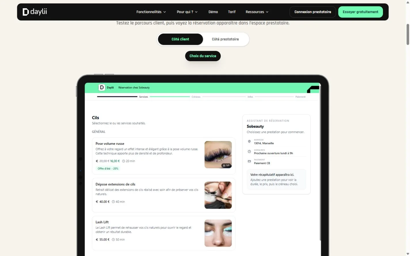 Parcours client : sélection de prestations et assistant de réservation Sobeauty