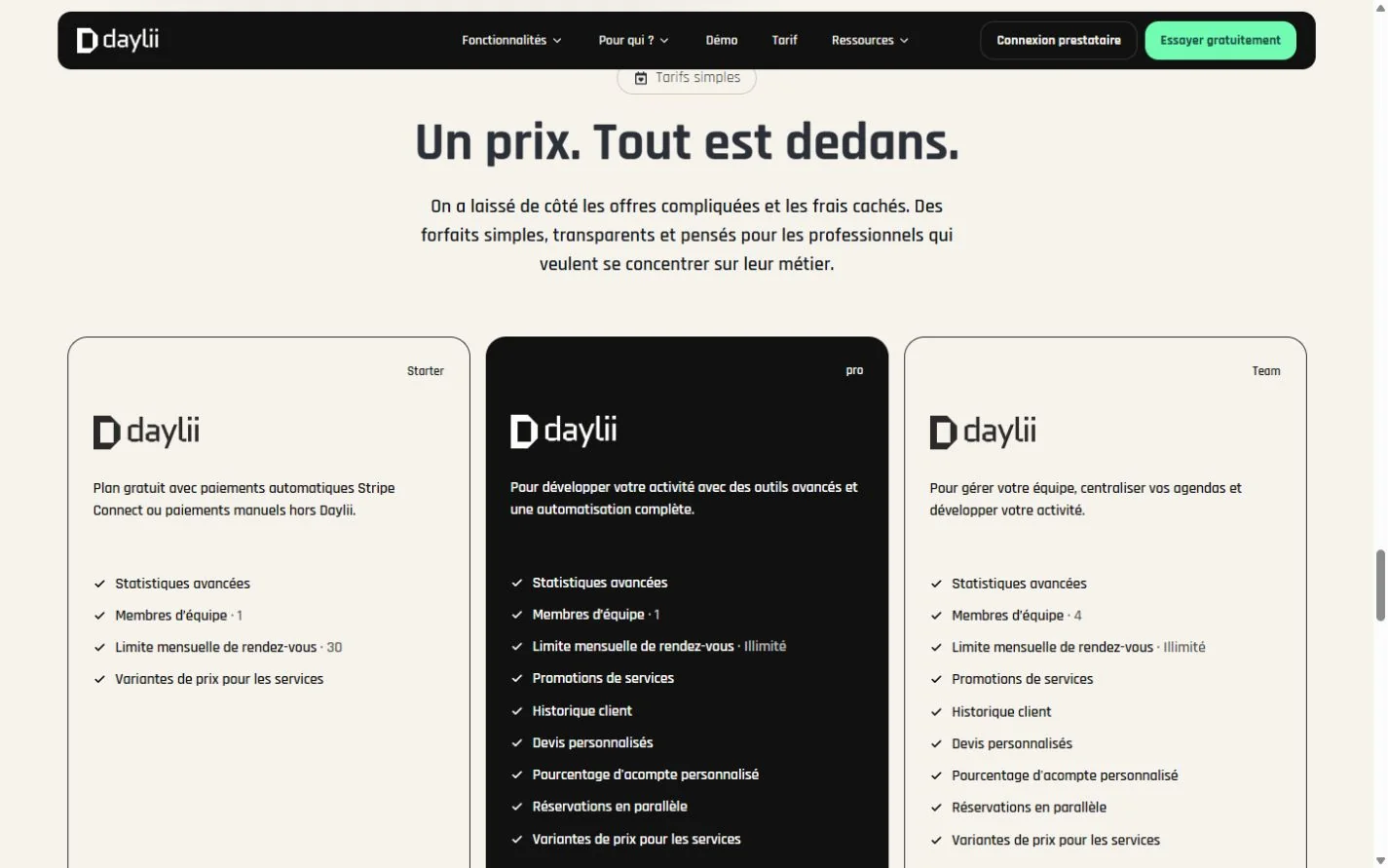 Tarifs Daylii : formules Starter, Pro et Team