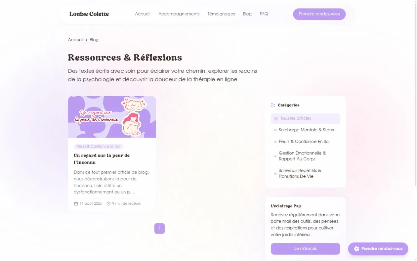 Blog « Ressources & Réflexions » avec catégories et inscription à la newsletter