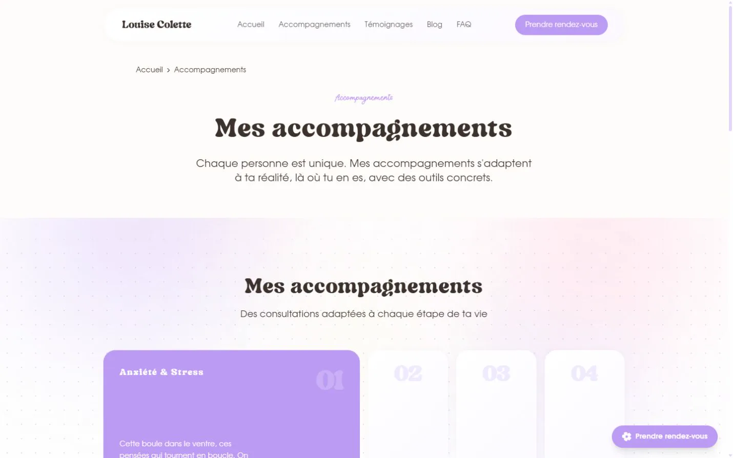 Page Accompagnements : consultations proposées selon chaque étape de vie