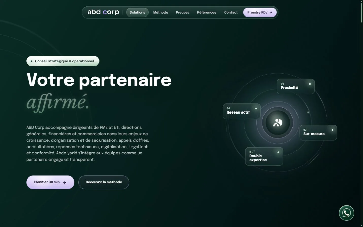 Page d’accueil : promesse « Votre partenaire affirmé » et quatre piliers d’accompagnement
